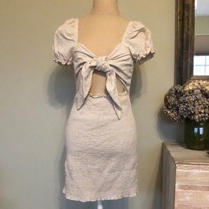 Olia Natural linen like colored tie front smocked skirt minidress